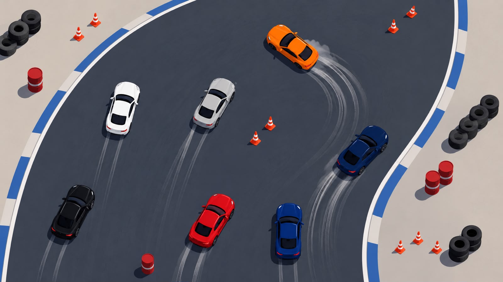 Six cars drifting around a track in Crashout